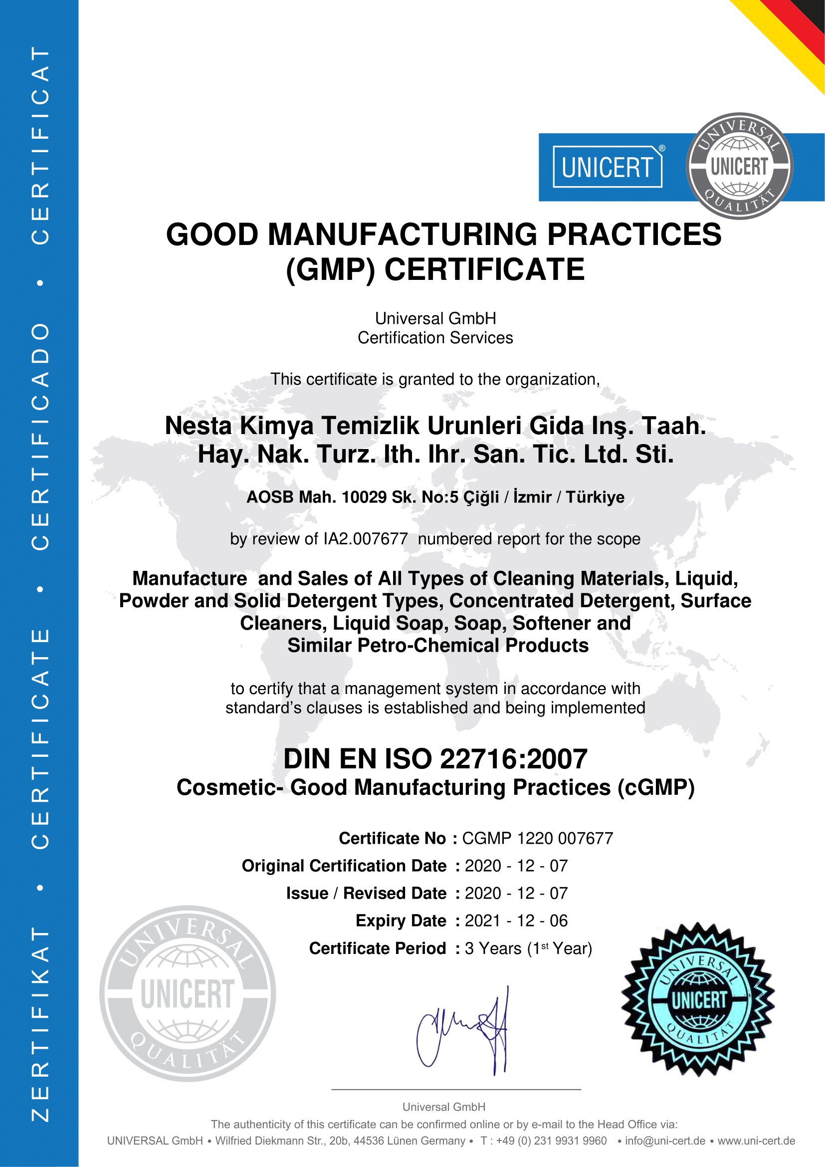  GOOD MANUFACTURİNG PRACTICES CERTIFICATE
